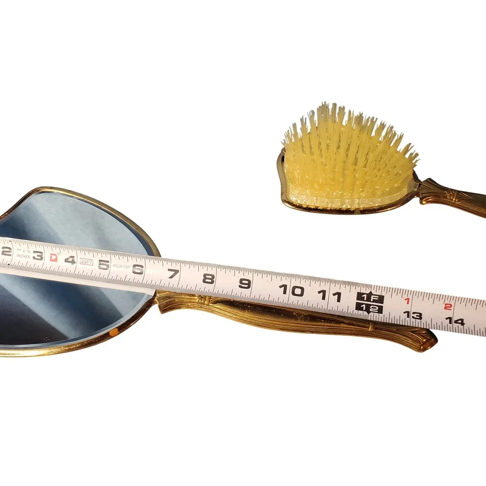VTG 1950s Gold Tone Vanity Set Hand Mirror & Hair Brush Hollywood Regency Floral